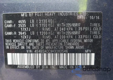 2017 Subaru Outback 2.5I Premium z USA, uszkodzony, nr VIN 4S4BSACC9H3282546